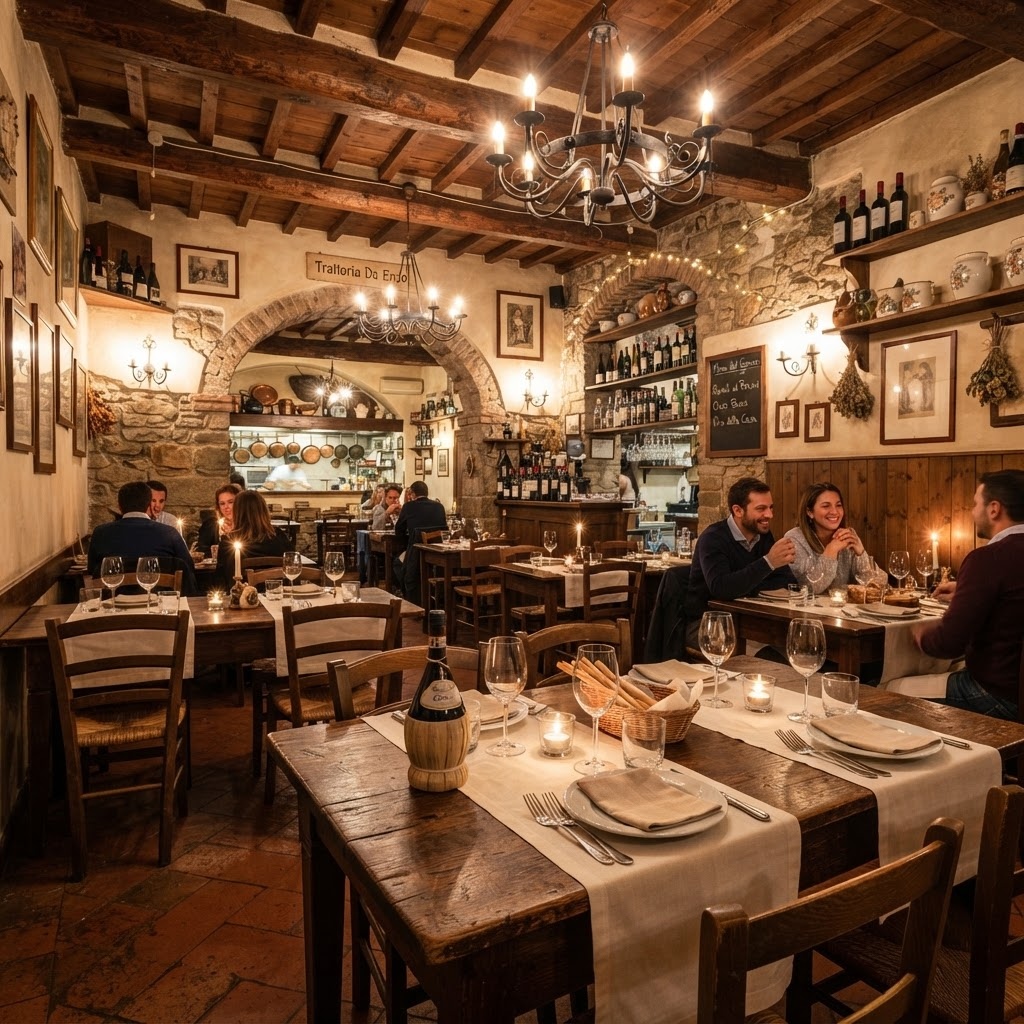 Sala interna con tavoli apparecchiati